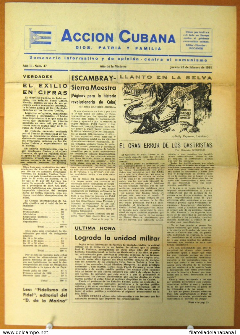 BP-328 CUBA ESPAÑA ANTICOMMUNIST NEWSPAPER ACCION CUBANA ESPAÑA PRINTING 23/FEB/1961. - [4] Themes