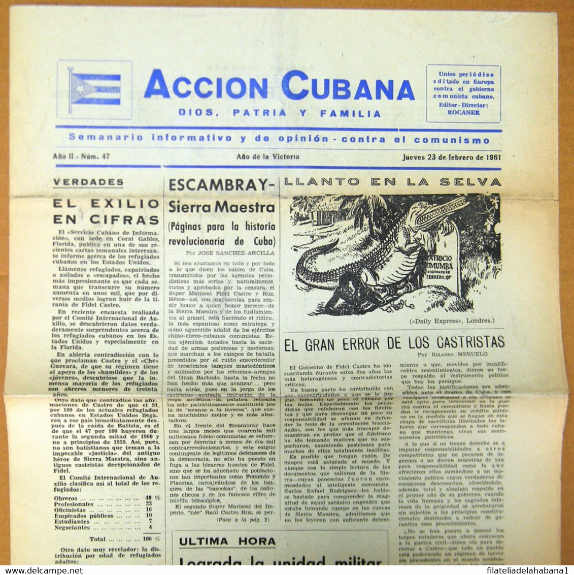 BP-328 CUBA ESPAÑA ANTICOMMUNIST NEWSPAPER ACCION CUBANA ESPAÑA PRINTING 23/FEB/1961. - [4] Thèmes