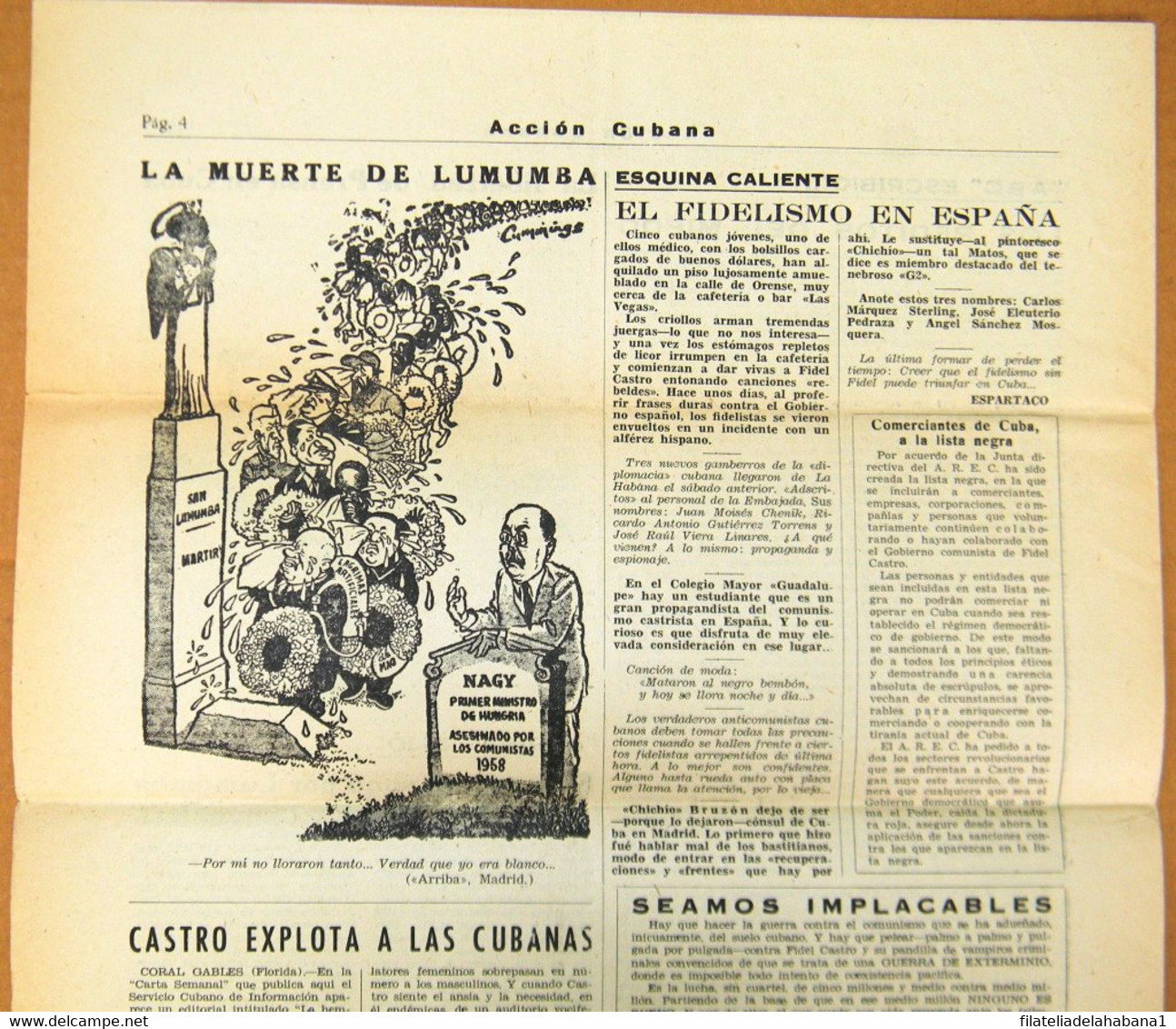 BP-328 CUBA ESPAÑA ANTICOMMUNIST NEWSPAPER ACCION CUBANA ESPAÑA PRINTING 23/FEB/1961. - [4] Thèmes