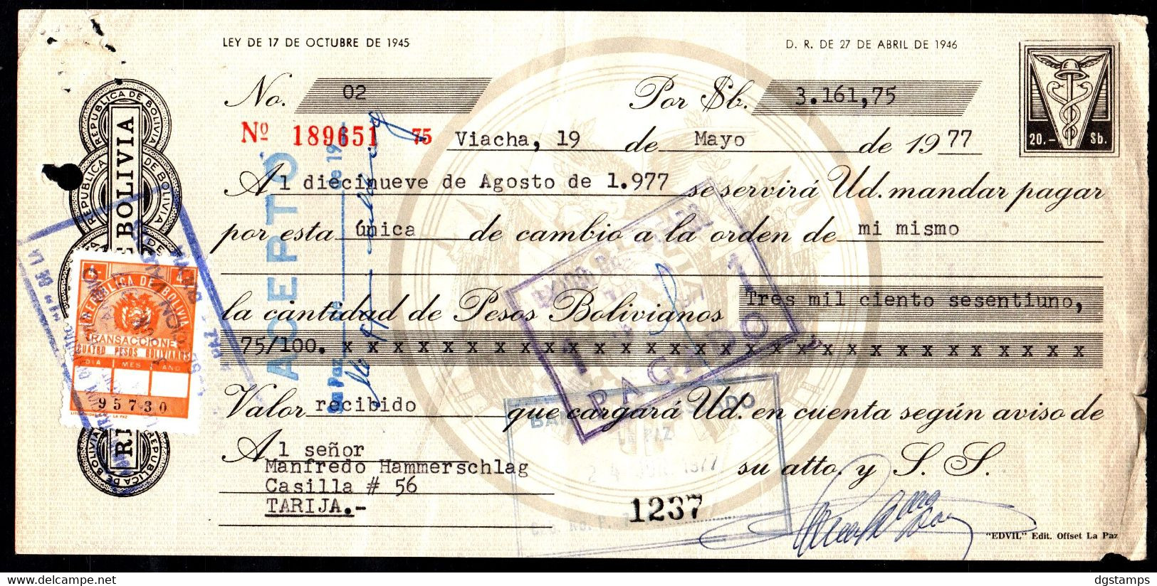 Bolivia 1977 Letra $b20.-. EDVIL Edit. Offset. $b4.- TIPO H&A 128 Grande  Lito Unidas S.A. La Paz. - Bolivia