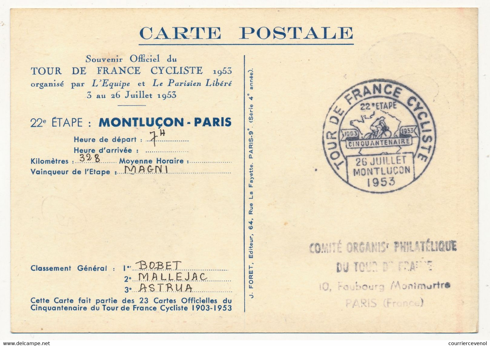 FRANCE - Carte Commémorative - TOUR DE FRANCE CYCLISTE - MONTLUCON 22eme étape 1953 - 26 Juillet - Cyclisme