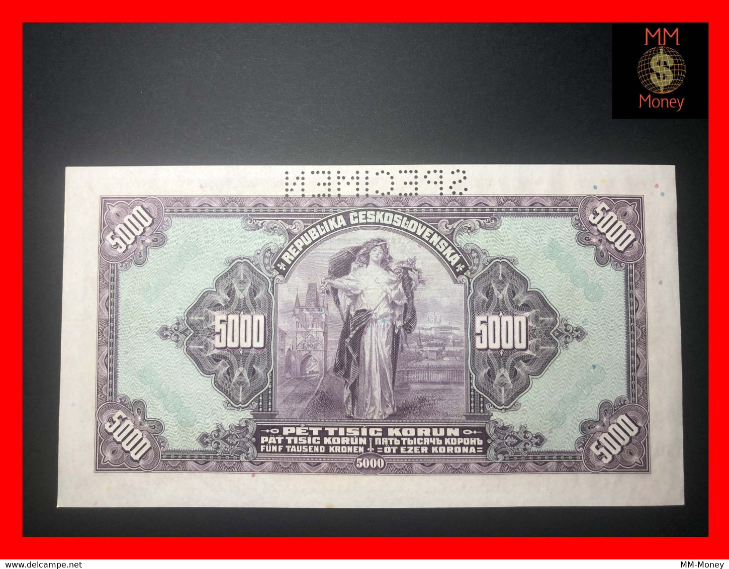 CZECHOSLOVAKIA   5.000  5000  Korun  6.7.1920  P. 19 S  "perforated Specimen"  *rare Note*   AUNC - Czechoslovakia