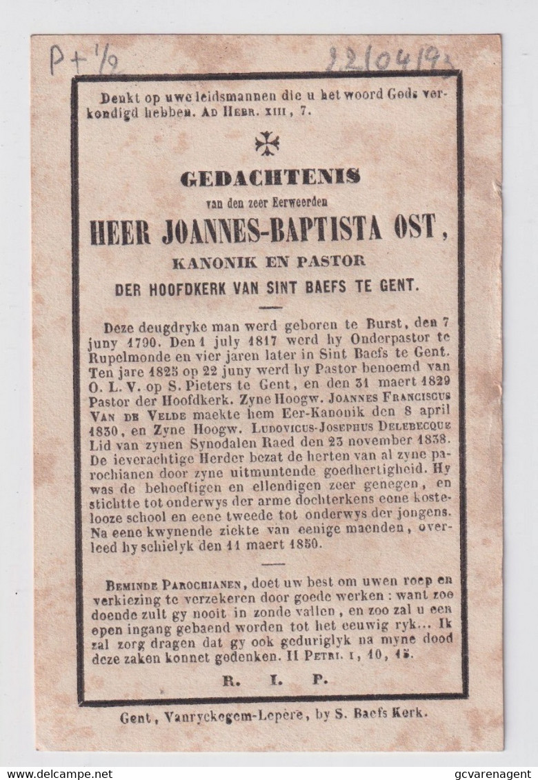 H;PRENTJE / PASTOOR ST.BAAFS GENT  - JONNANES OST - BURST 1790  - GENT 1850  2 SCANS - Nazareth