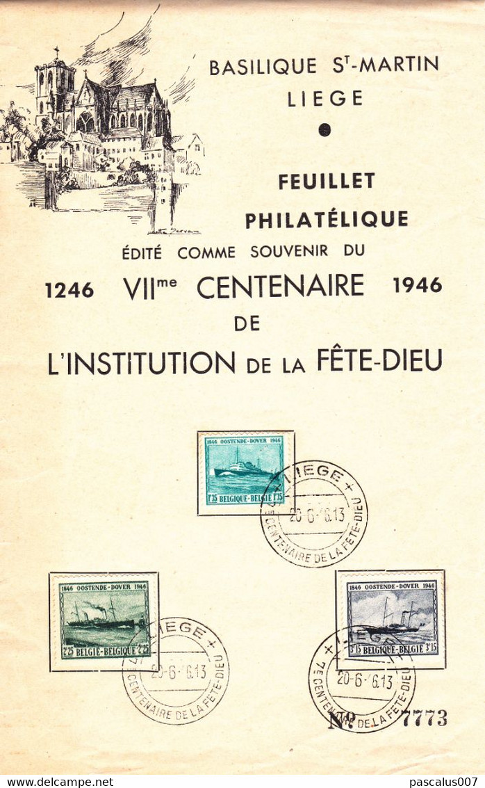 B01-314 725 726 727 Feuillet FDC Souvenir Paquebot 20-06-1946 Ostende Douvre Dover Liège Basilique St Martin Fête Dieu - ....-1951