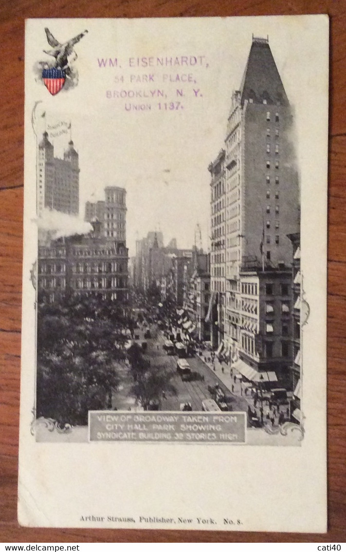 U.S.A. - PRIVATE MAILING CARD - WIEV OF BROADWAY TAKEN FROM CITY HALL PARK SHOWING SYNDICATE BUILDING - VERONA 14/5/1900 - Cape Cod