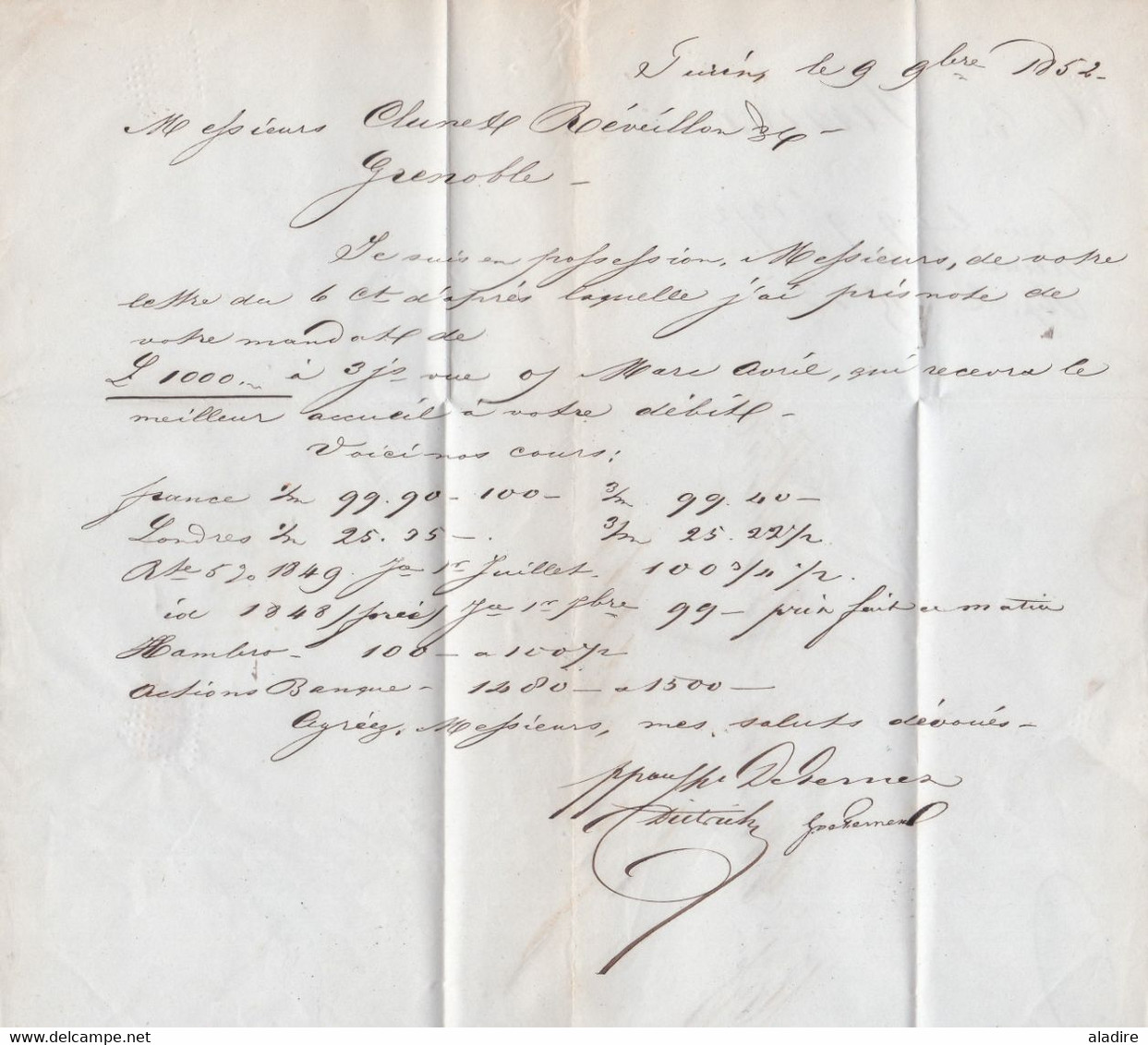 1852 - Lettre pliée avec correspondance de Torino vers Grenoble, France - entrée Pont de Beauvoisin