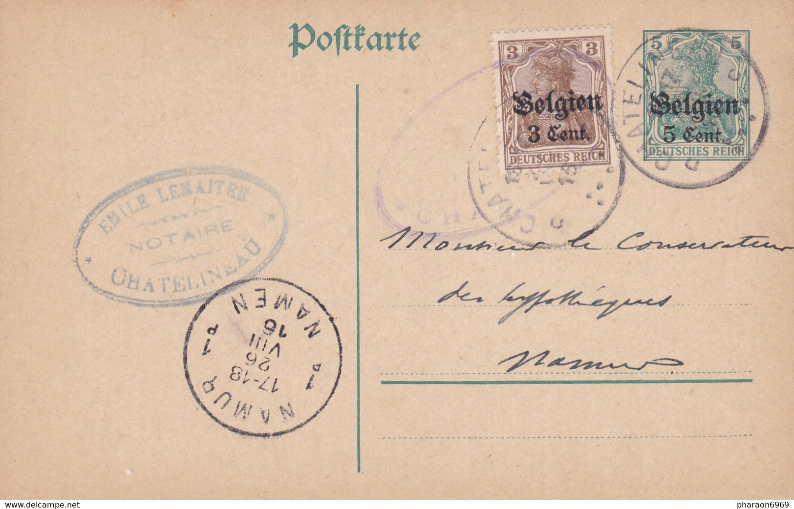 Carte Entier Postal + OC1 Châtelineau Cachet Censure Militaire Châtelineau - Ocupación Alemana