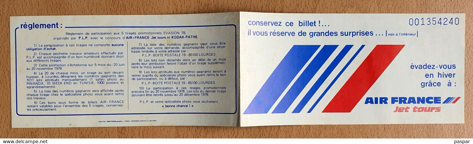 Billet De Loterie Tombola AIR FRANCE KODAK-PATHE PLP 1978 - Cadeaux Promotionnels