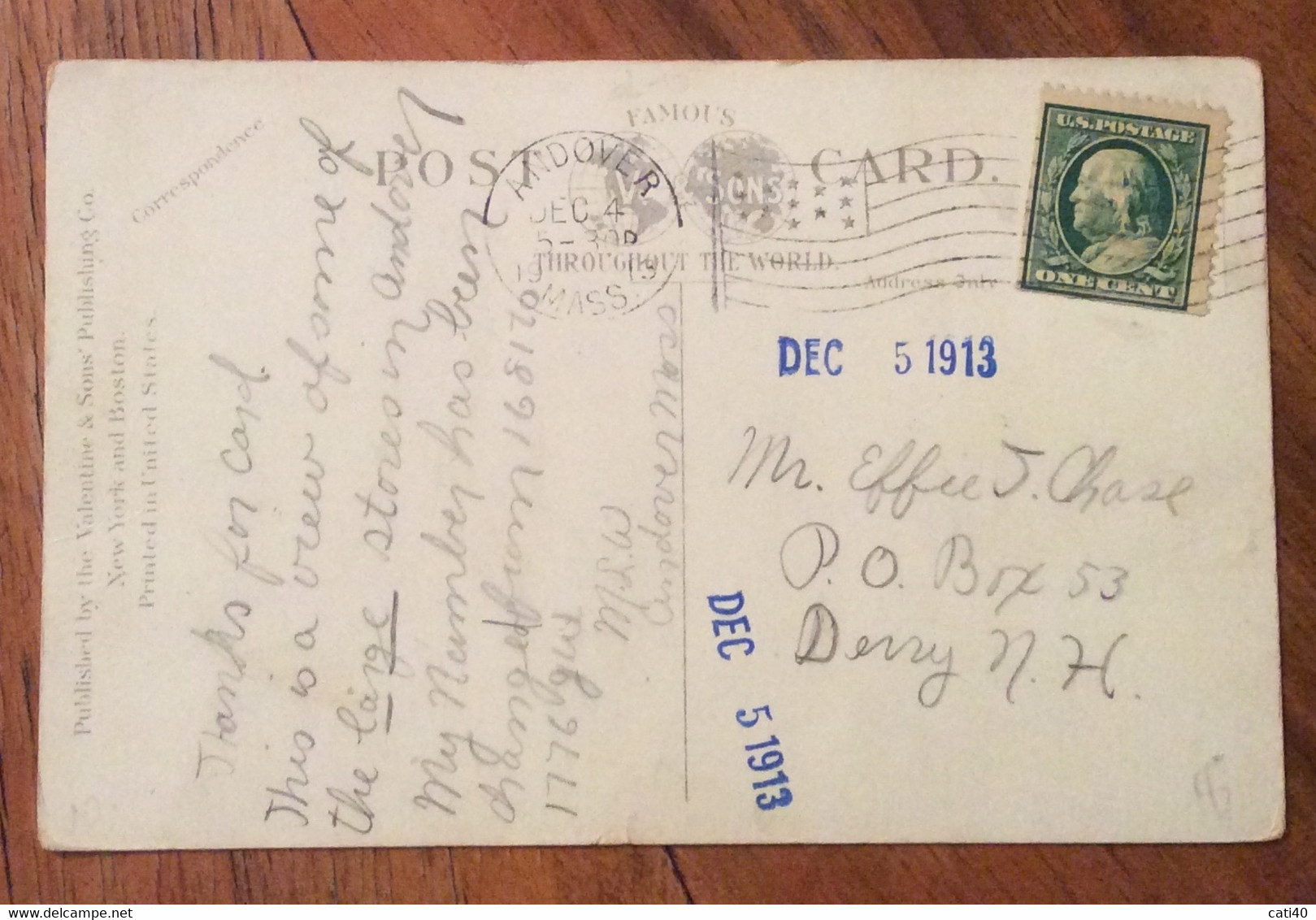 U.S.A. - ANDOVER  ELM SQUARE - VINTAGE POST CARD AUG 27  1915 - Cape Cod