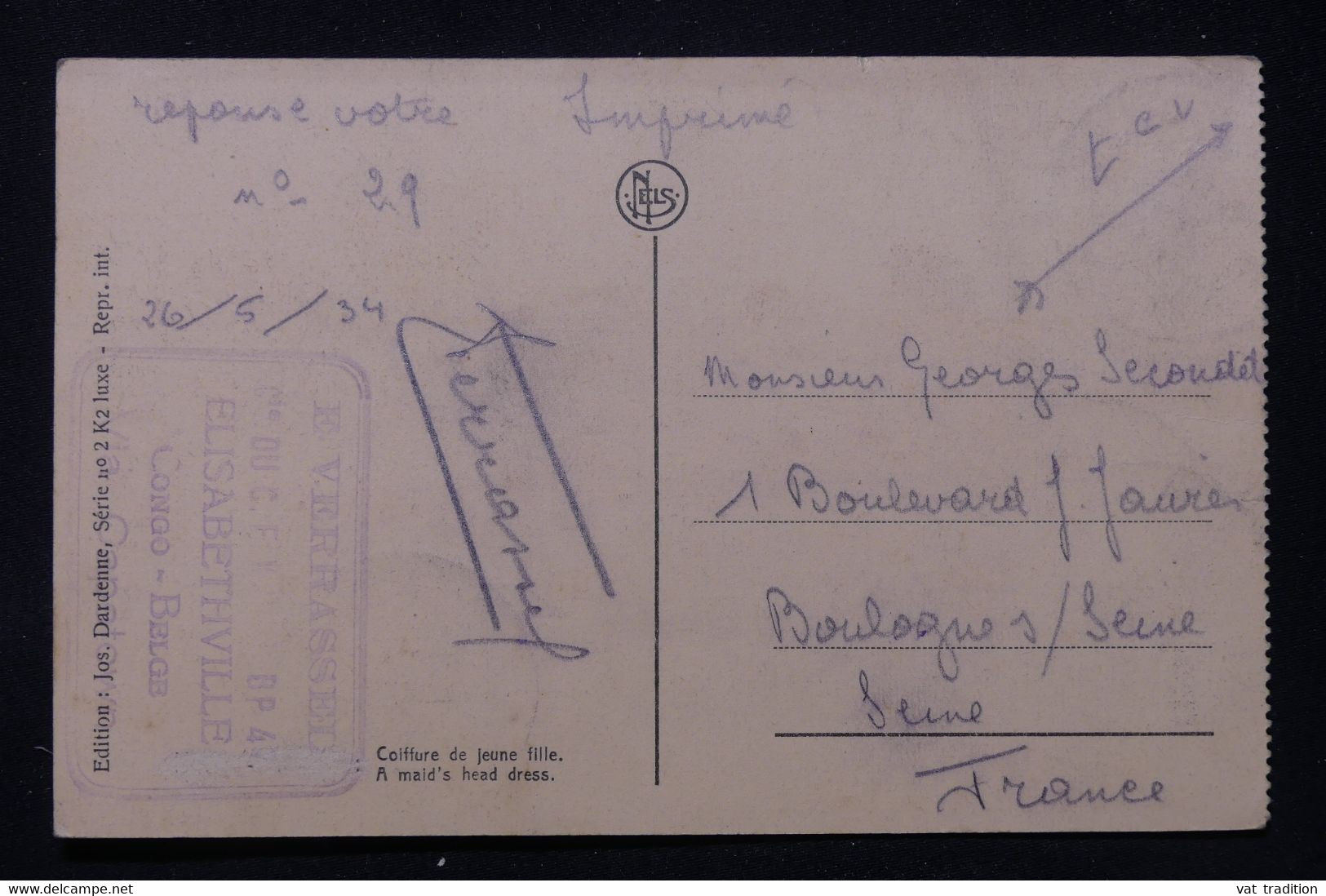 CONGO BELGE - Affranchissement De Elisabethville Sur Carte Postale ( Coiffure )  En 1934 Pour La France - L 87648 - Cartas & Documentos