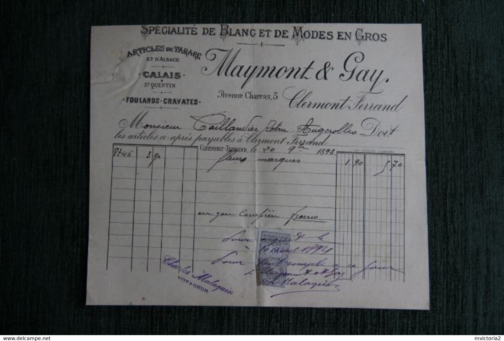 Facture Ancienne - CLERMONT FERRAND, MAYMONT Et GAY, Spécialité De Blanc, Cravates Et Foulards, 5 Avenue Charras - 1800 – 1899