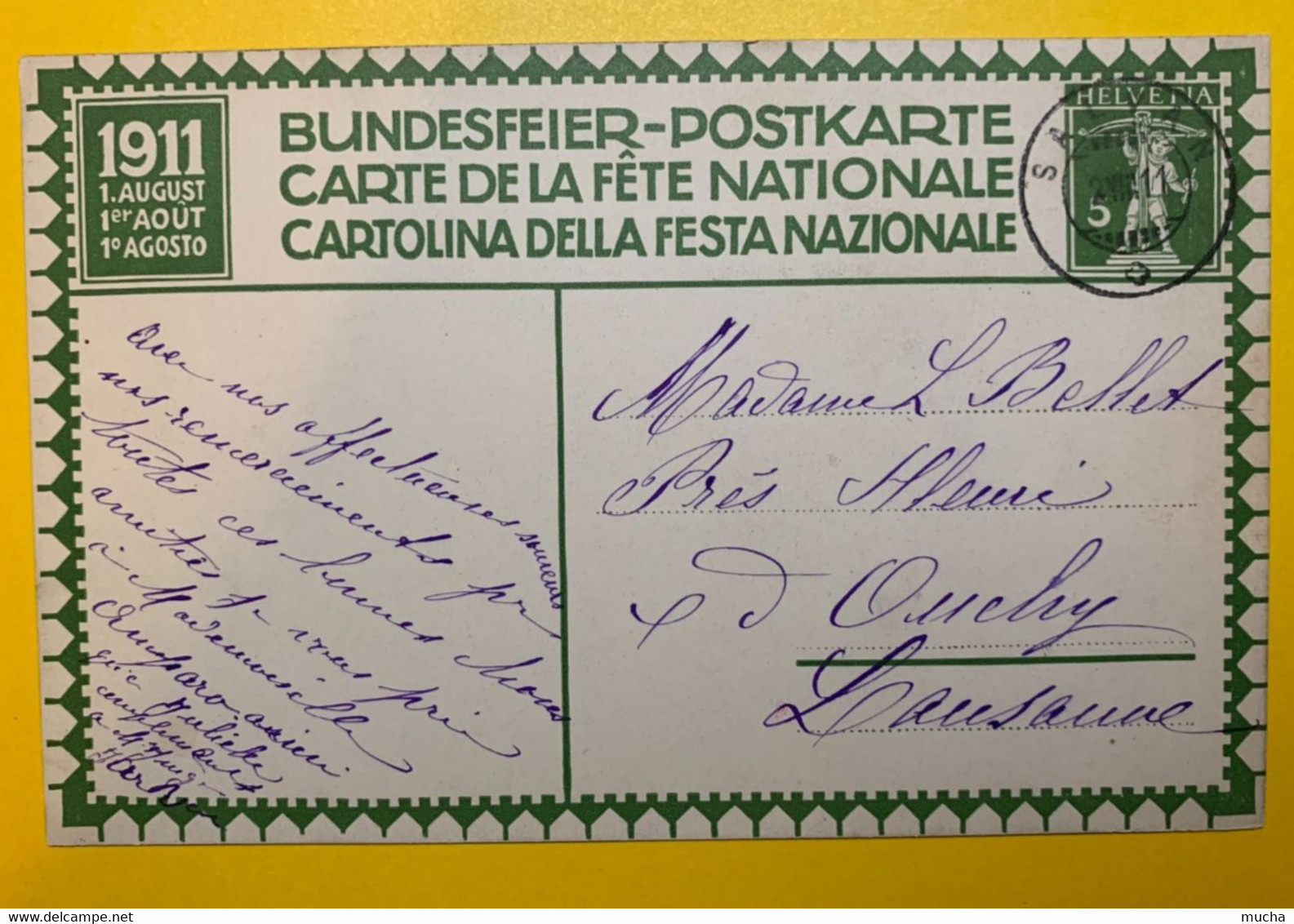 13381 -  Fête Nationale 1911 No 2 Salvan 02.08.1911 - Stamped Stationery