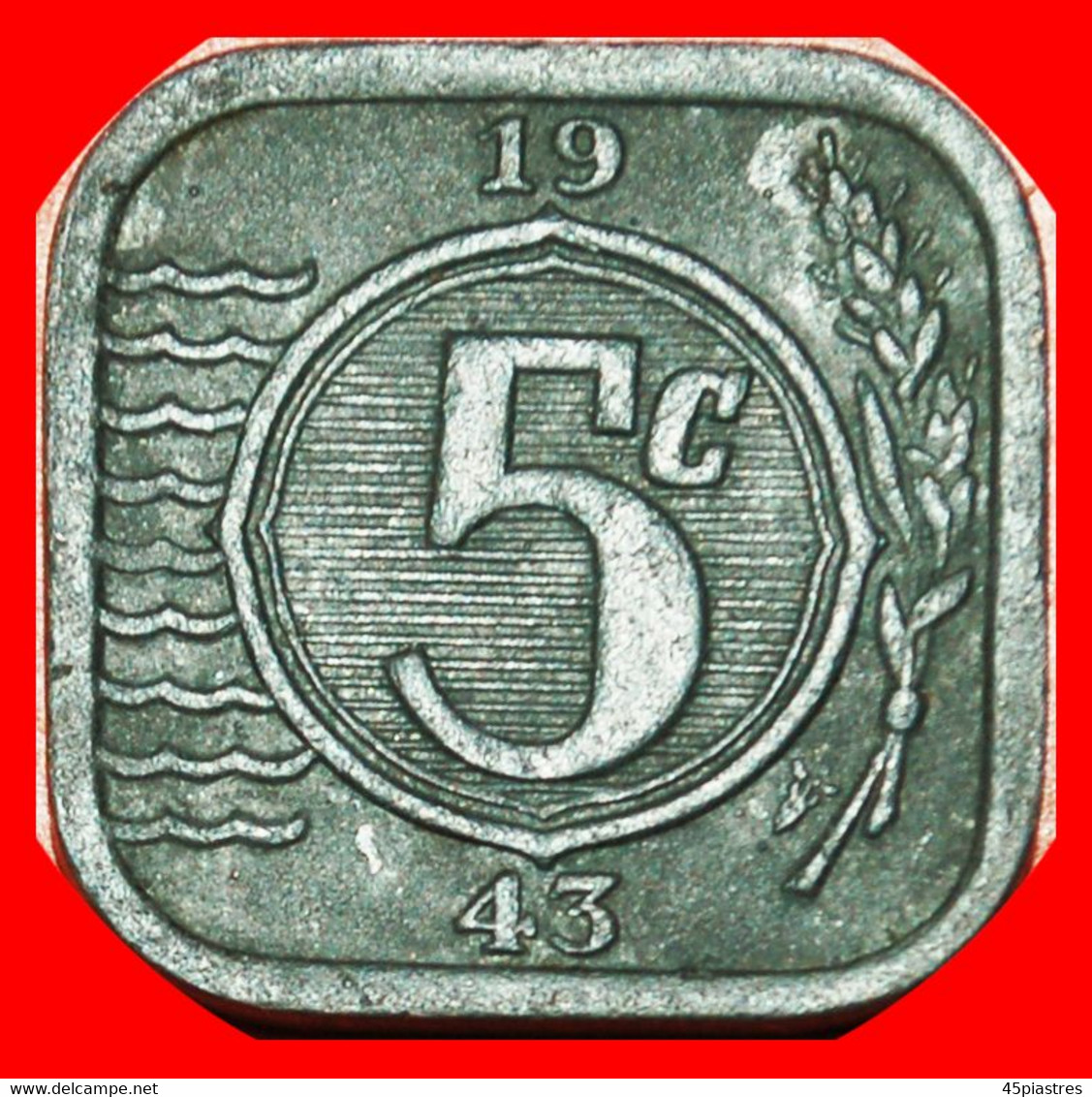 • OCCUPATION BY GERMANY (1941-1943) SUN: NETHERLANDS ★ 5 CENTS 1943! WILHELMINA (1890-1948)! LOW START ★ NO RESERVE! - 5 Centavos