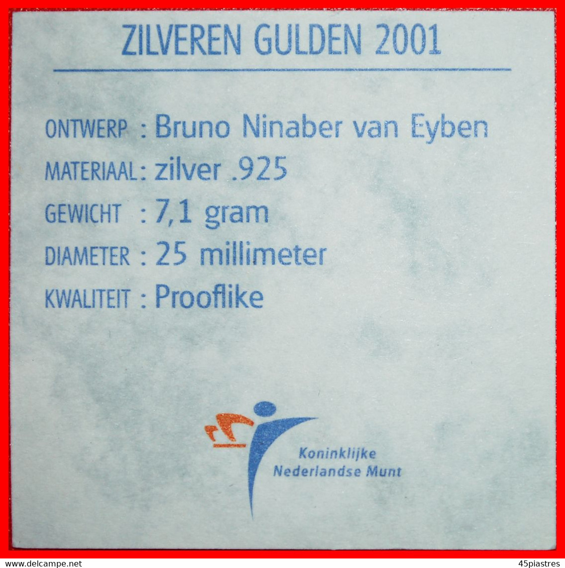 • SILVER PORTRAIT DΟWN: NETHERLANDS ★ 1 GULDEN 2001 PROOF! BEATRIX (1980-2013) LOW START ★ NO RESERVE! - Zilveren En Gouden Munten