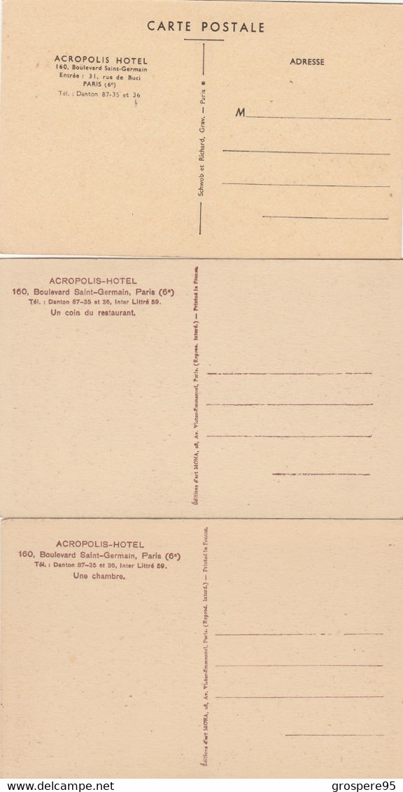 PARIS ACROPOLIS HOTEL 160 Bld Saint Germain 6ie Et 31 Rue De Buci Lot 3 Cartes Restaurant (chambre Rare) - Cafés, Hoteles, Restaurantes