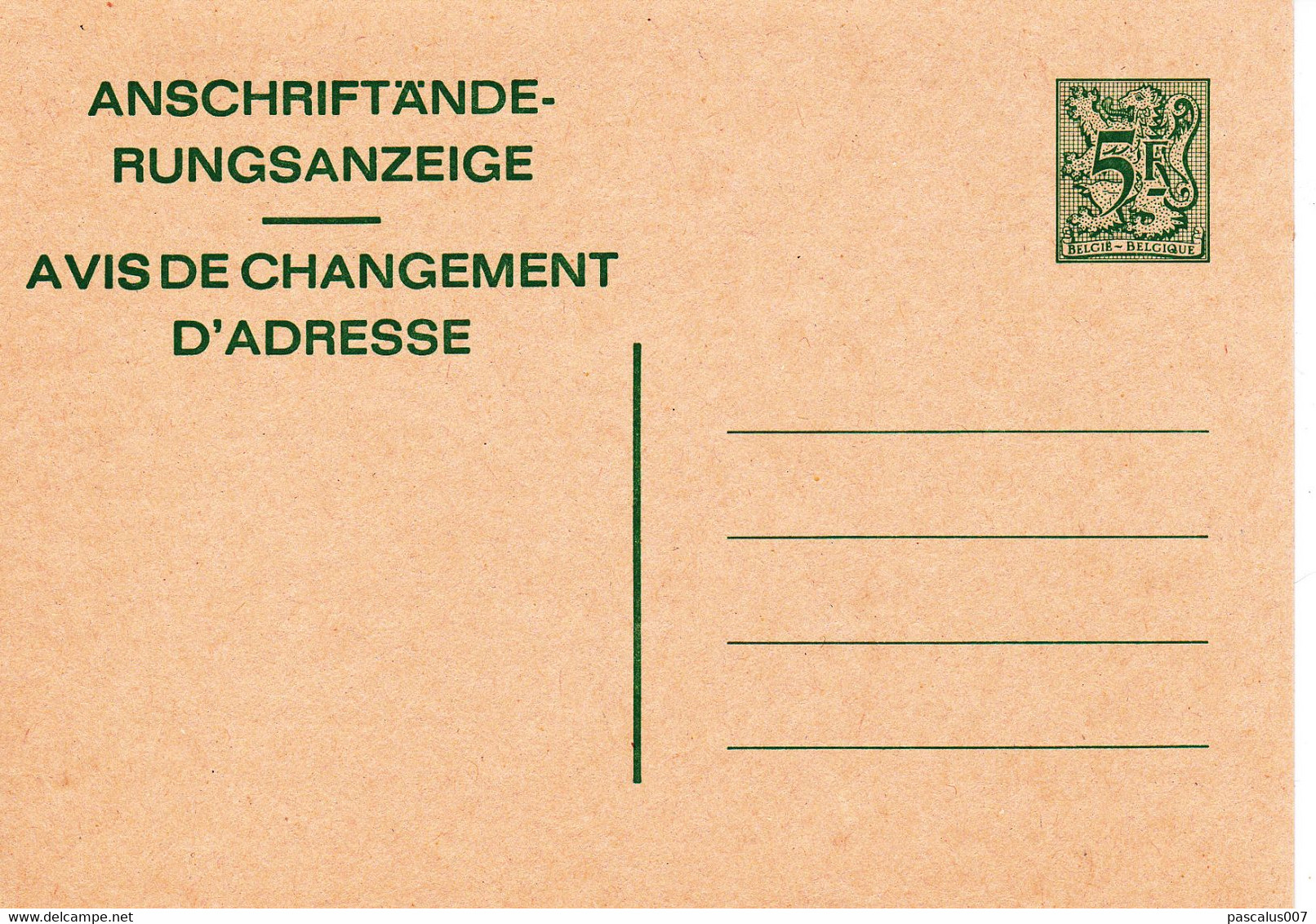 B01-314 AP - Entier Postal - Carte Postale Avis De Changement D'adresse N° 22 - Chiffre Sur Lion Héraldique Série De 5 - Avviso Cambiamento Indirizzo