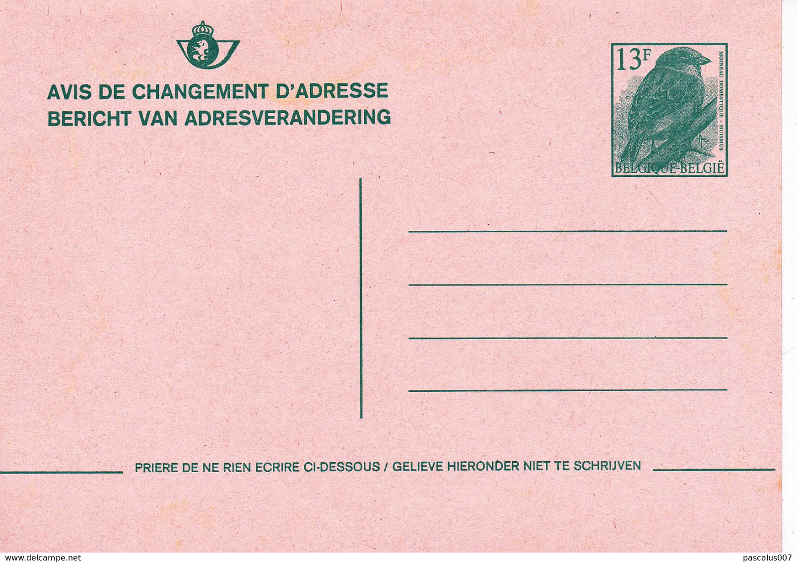 B01-314 AP - Entier Postal - Carte Postale Avis De Changement D'adresse N° 29 - Moineau Domestique - 13,00 Fr - 5 Cartes - Adressenänderungen