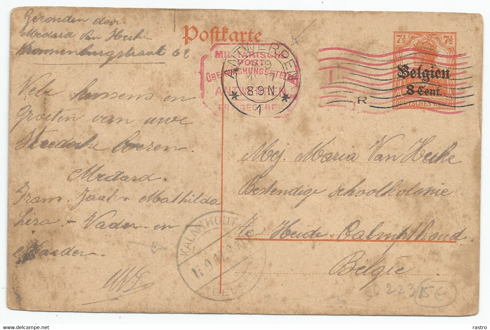 CP (Postkarte) Zone Des étapes Type OC13 (8 Cent. Sur 71/2 Pf Orange-jaune, Antwerpen Vers Kalmthout (1917) - Ocupación Alemana