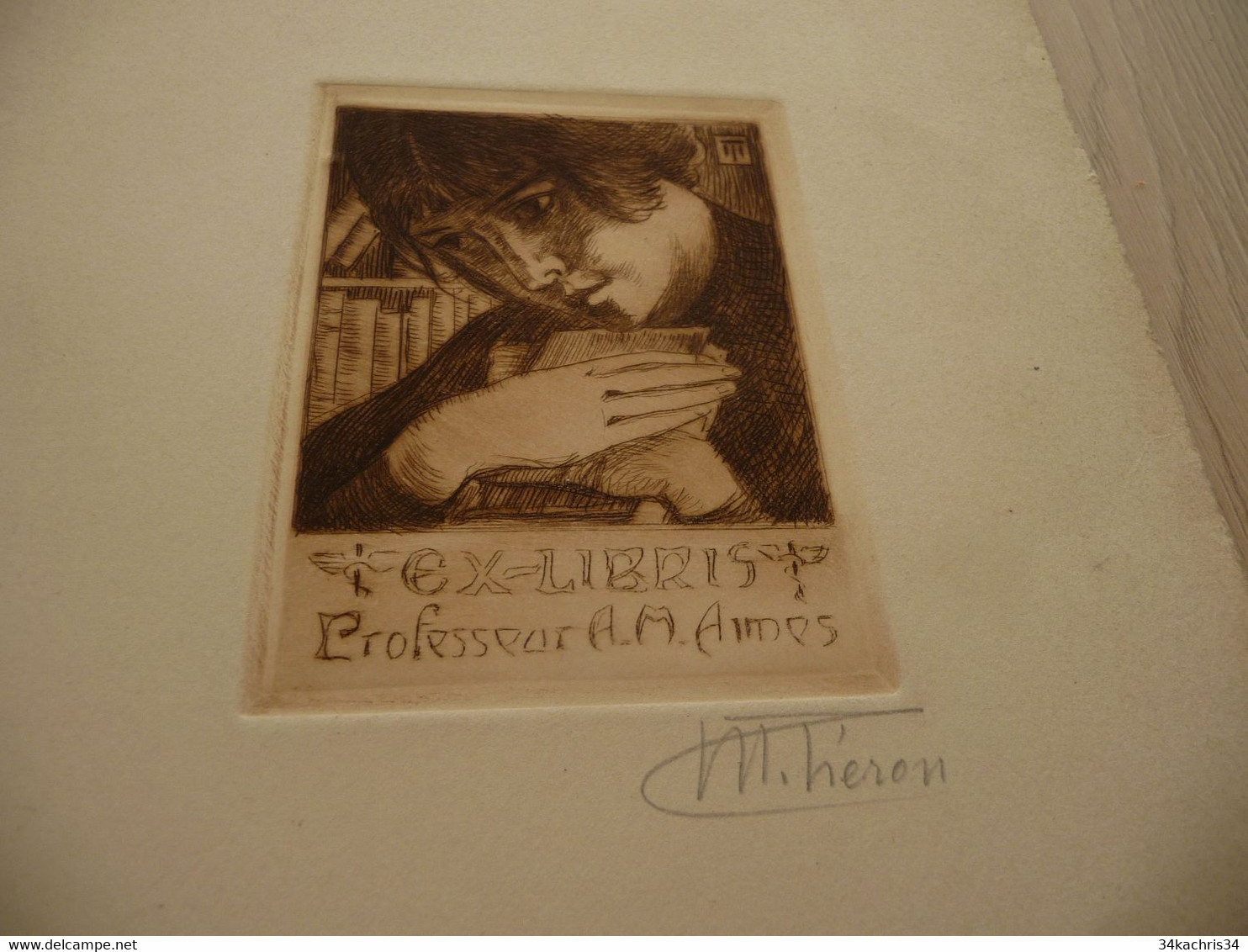 Ex Libris En Estampe Gravure Signée Théron Professeur Audes Médecine Pharmacie - Ex-libris