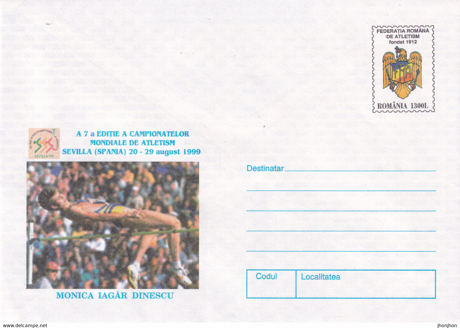 Romania  - Postal Stationery Cover Unused  1999 -   The 7th Edition Of The Seville World Athletics Championships - Springconcours