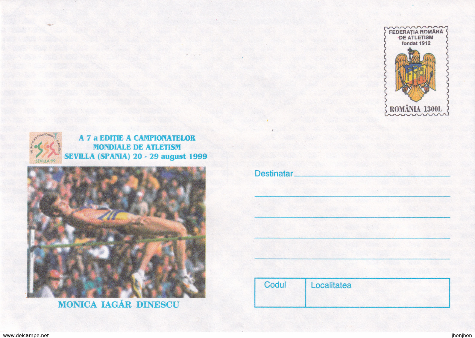 Romania  - Postal Stationery Cover Unused  1999 (73) -   The 7th Edition Of The Seville World Athletics Championships - Springreiten