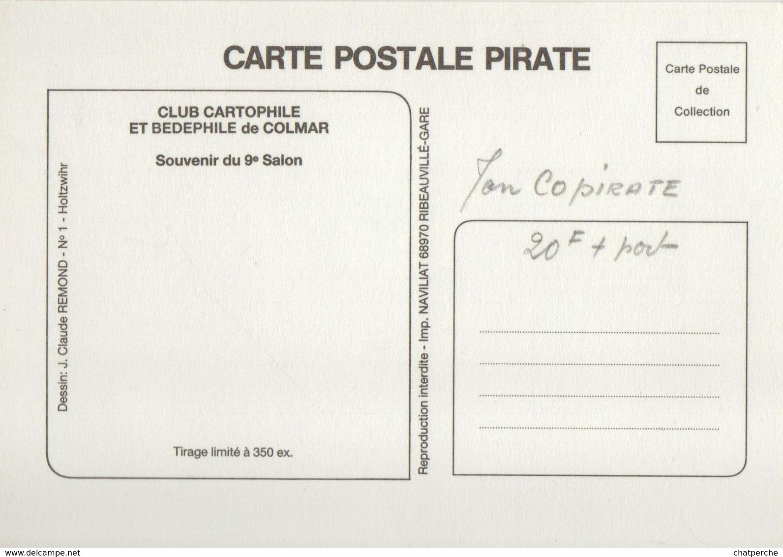 BOURSE SALON CARTE POSTALE BANDE DESSINÉE COLMAR 68 HAUT-RHIN 1989 ILLUSTRATION J-CLAUDE REMOND - Borse E Saloni Del Collezionismo