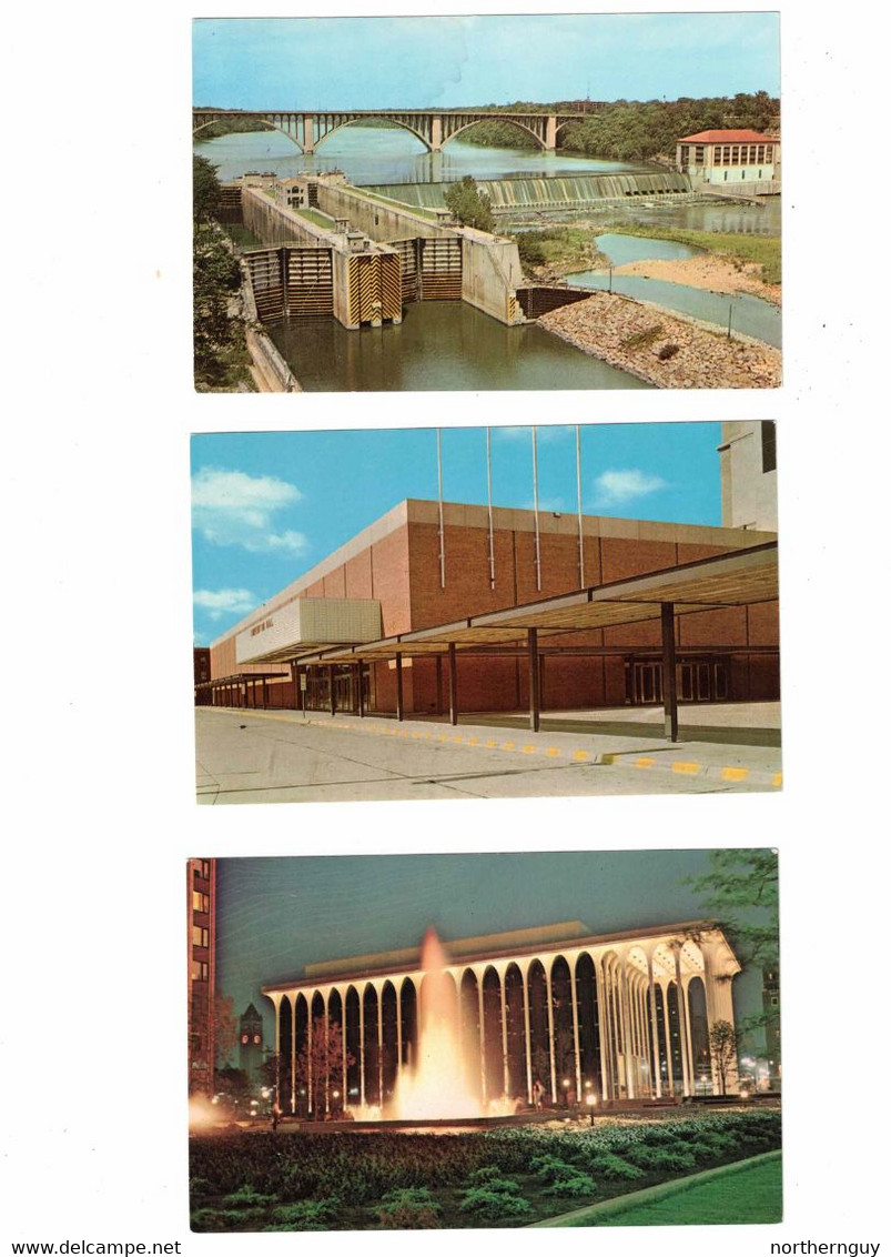 3 Different MINNEAPOLIS, Minnesota, USA, Dam & Locks, Convention Hall, Northwestern National Life, 1970 Chrome  Postcard - Minneapolis