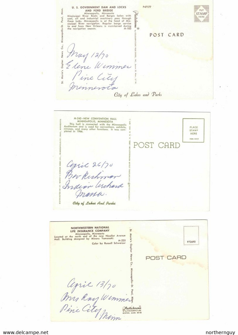 3 Different MINNEAPOLIS, Minnesota, USA, Dam & Locks, Convention Hall, Northwestern National Life, 1970 Chrome  Postcard - Minneapolis