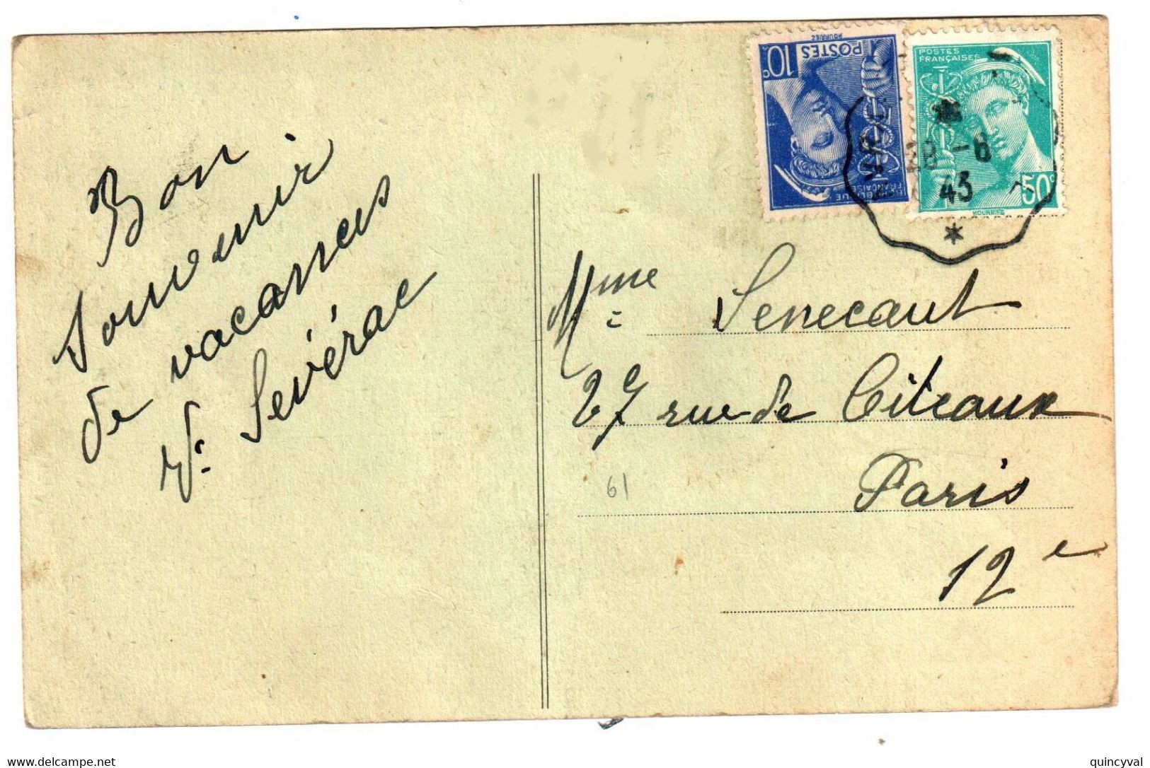 Carte Postale Mercure 50c Turquoise 10c Bleu Yv 412 459 Ob 1943 - 1938-42 Mercurius