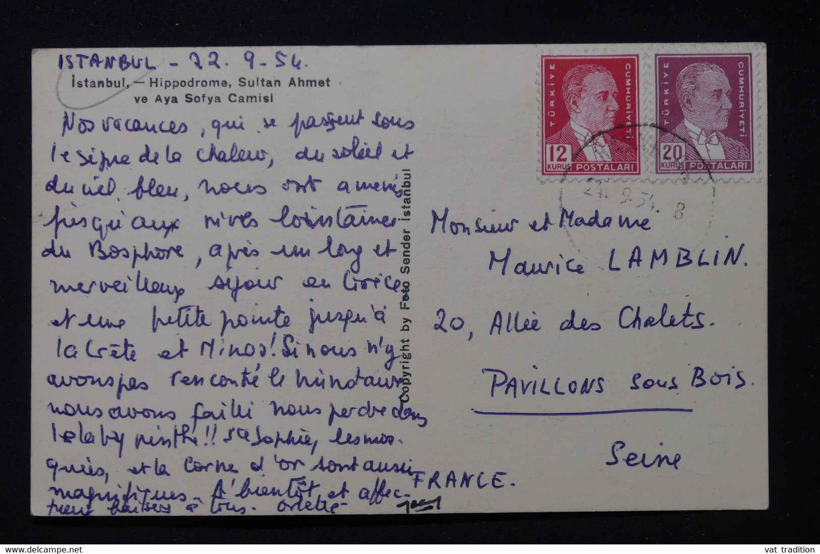TURQUIE - Affranchissement De Istanbul Sur Carte Postale En 1954 Pour La France  - L 87713 - Brieven En Documenten