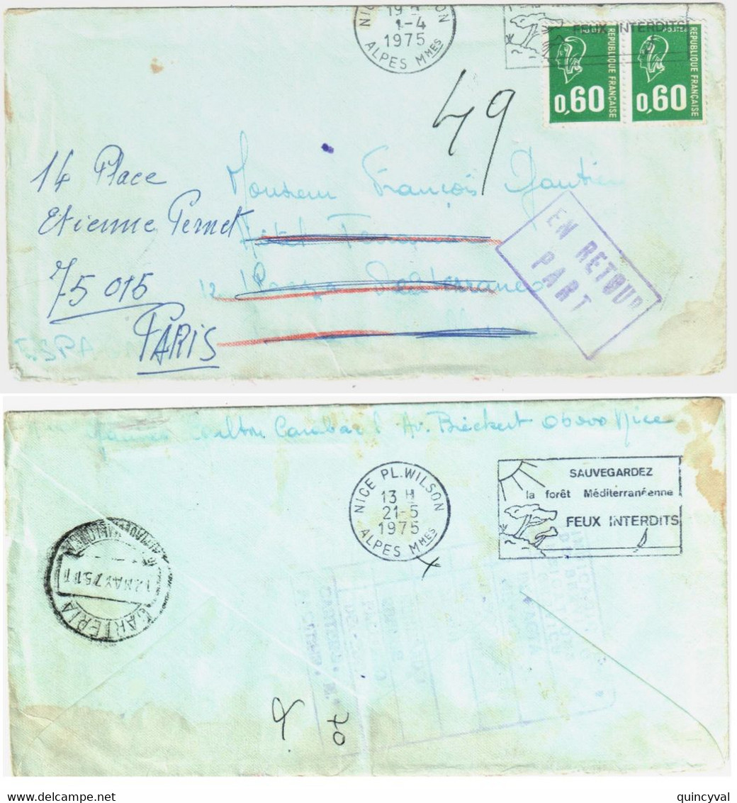 NICE 06 Lettre Dest Espagne 60c Bequet Typo Yv 1814 EN RETOUR Part Ob 1975 CARTERIA - 1971-1976 Marianne Van Béquet