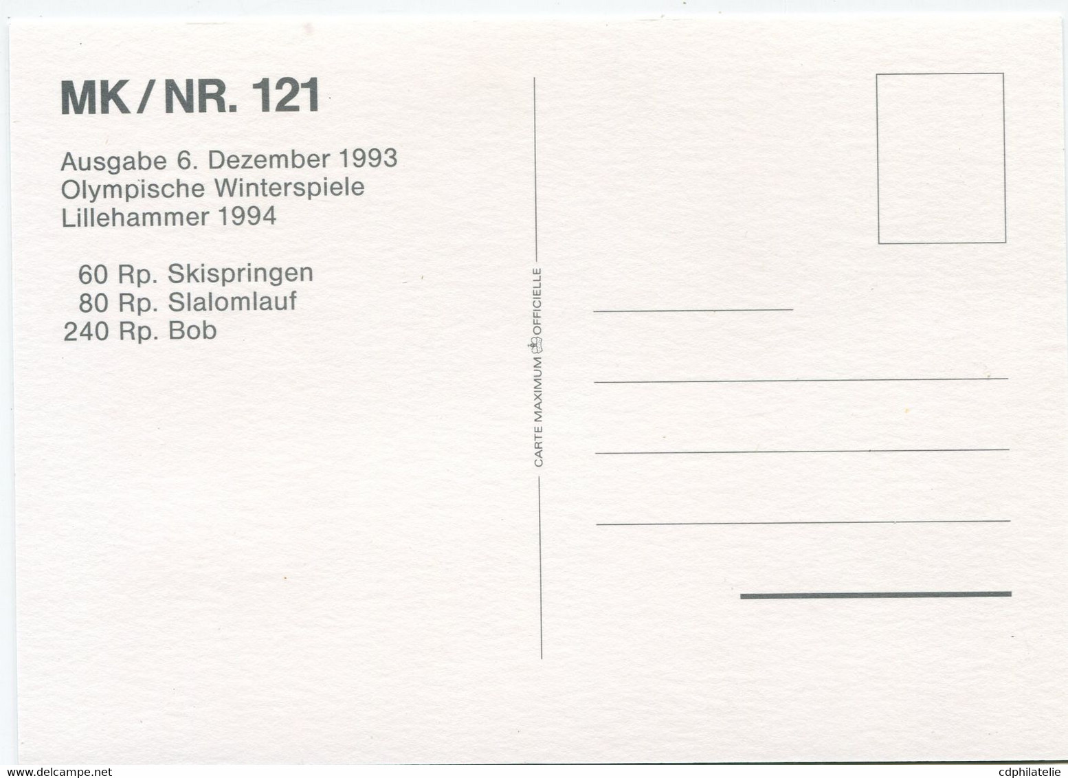 LIECHTENSTEIN CARTE MAXIMUM DES N°1017 / 1019 JEUX OLYMPIQUES D'HIVER..... AVEC OBLITERATION ILL. VADUZ 6 DEZEMBER 1993 - Invierno 1994: Lillehammer