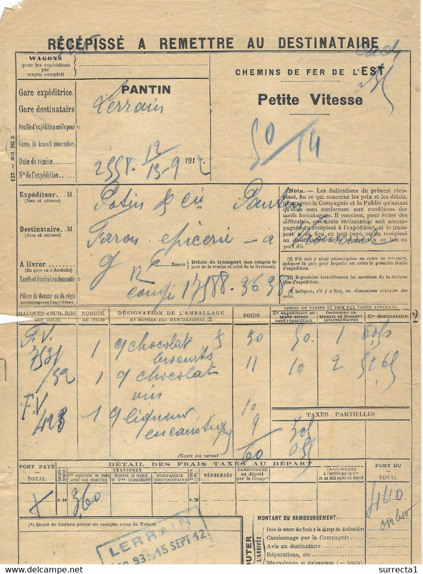 1912 / Récépissé Chemins De Fer / Gare De Pantin / Alimentation Potin Pour Faron épicier Vioménil 88 / Chocolat, Liqueur - Altri & Non Classificati