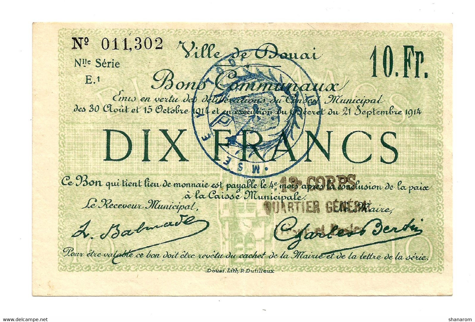 1914-1918 // Ville De DOUAI (59 Nord) // Nouvelle Série E.1 // 13ème CORPS/QUARTIER GENERAL // Bon De Dix Francs - Notgeld