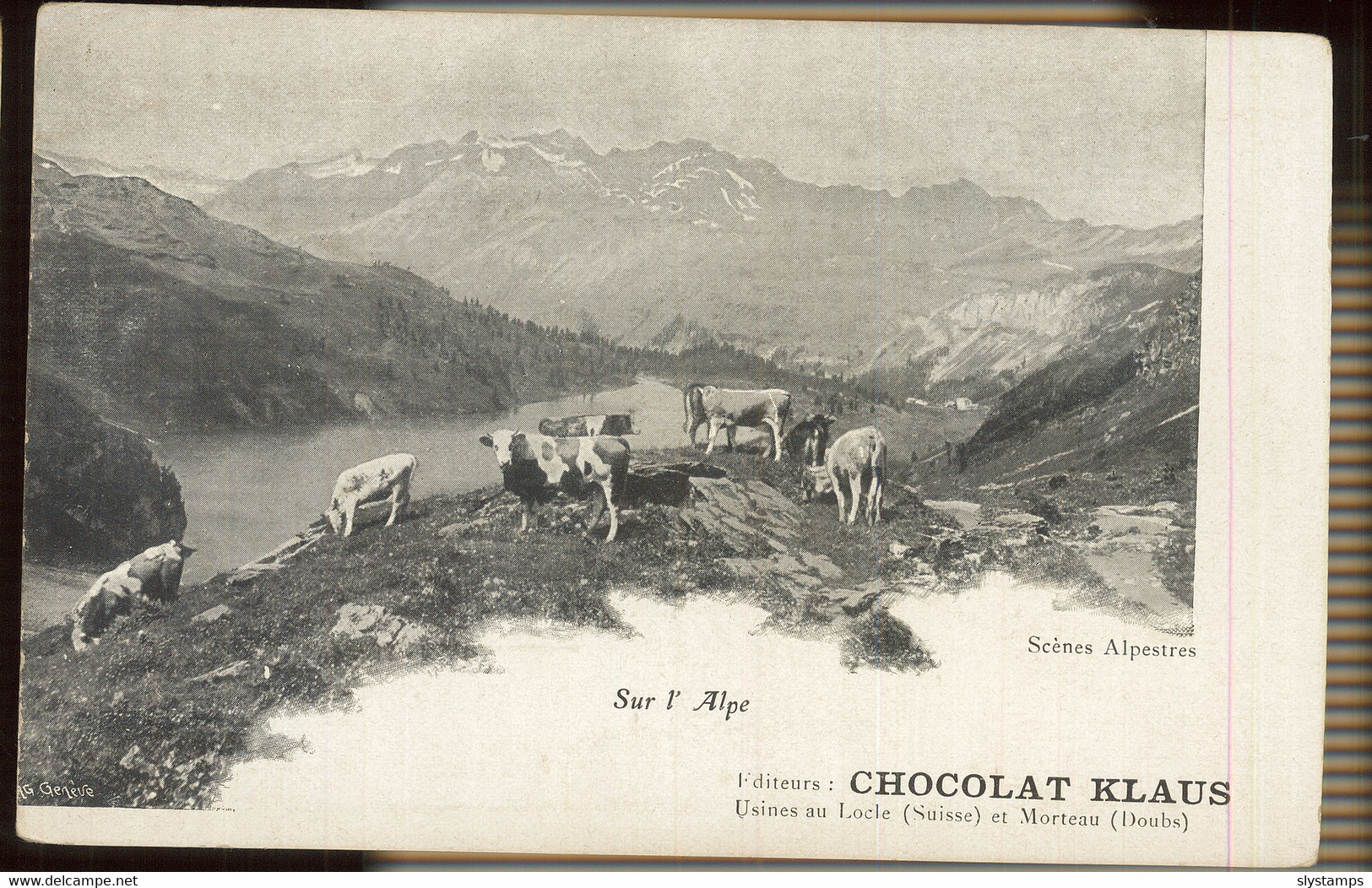 CPA PUB SUISSE SCENES ALPESTRES SUR L'ALPE VACHES PRECURSEUR EDIT CHOCOLAT KLAUS USINES AU LOCHE ET MORTEAU - Au