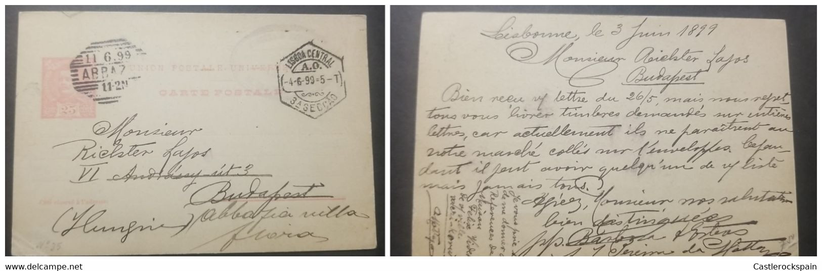 O) 1899 PORTUGAL, KING CARLOS SCT 117 25r Rose, FROM LISBOA, POSTAL STATIONERY - Other & Unclassified