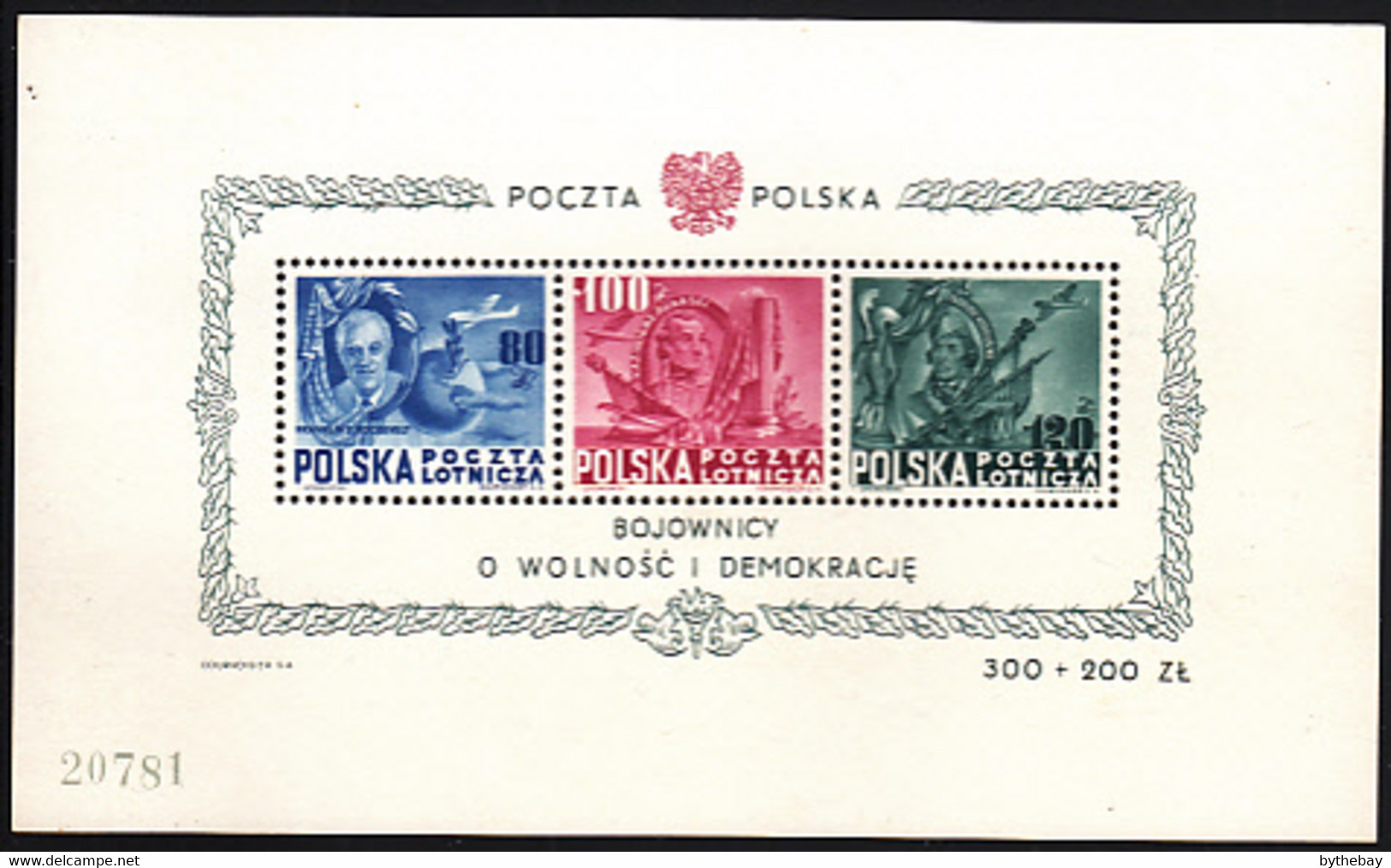 Poland 1948 MNH Sc #C26Cd Souvenir Sheet Of 3 Roosevelt, Pulaski, Kosciusko - Ungebraucht