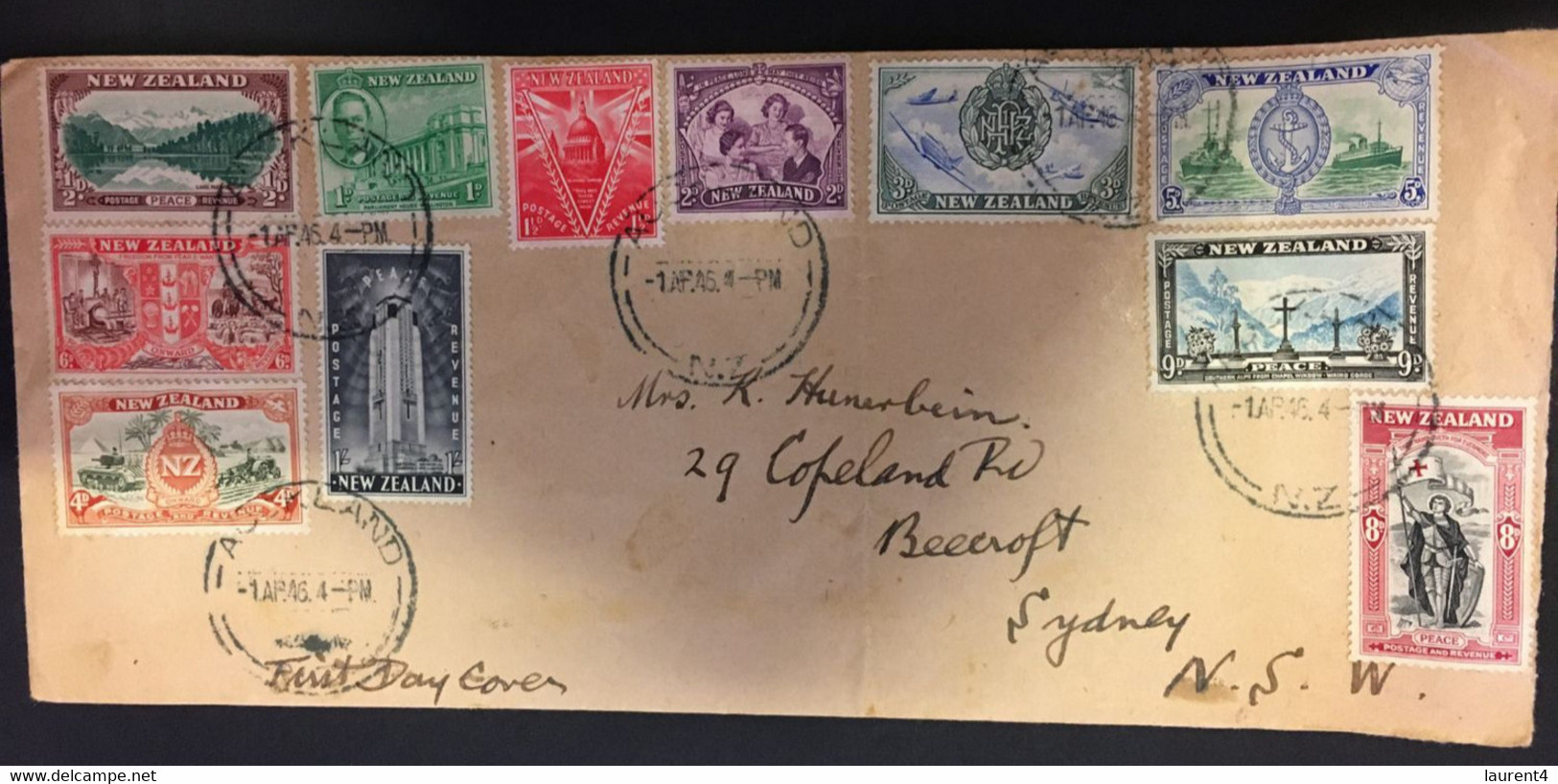 (HH 22) 1946- - New Zealand To Australia - Peace Set Of Stamps On Cover Posted To Sydney 1st April 1946 - Cartas & Documentos