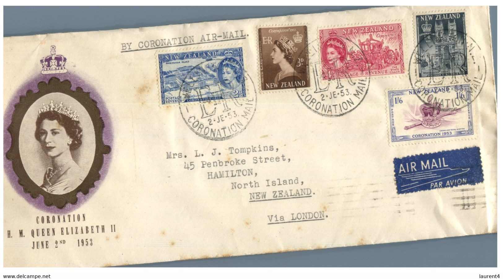 (HH 22) New Zealand To Hamilton Via London - FDC Cover - Queen Elizabeth II Coronation Set Of Stamps - Cartas & Documentos