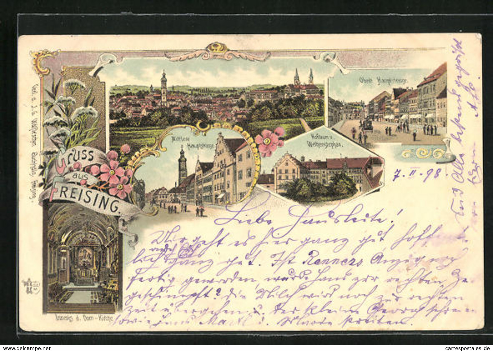 Lithographie Freising, Mittlere Hauptstrasse, Hofraum Des Weihenstephan, Panoramaansicht - Freising