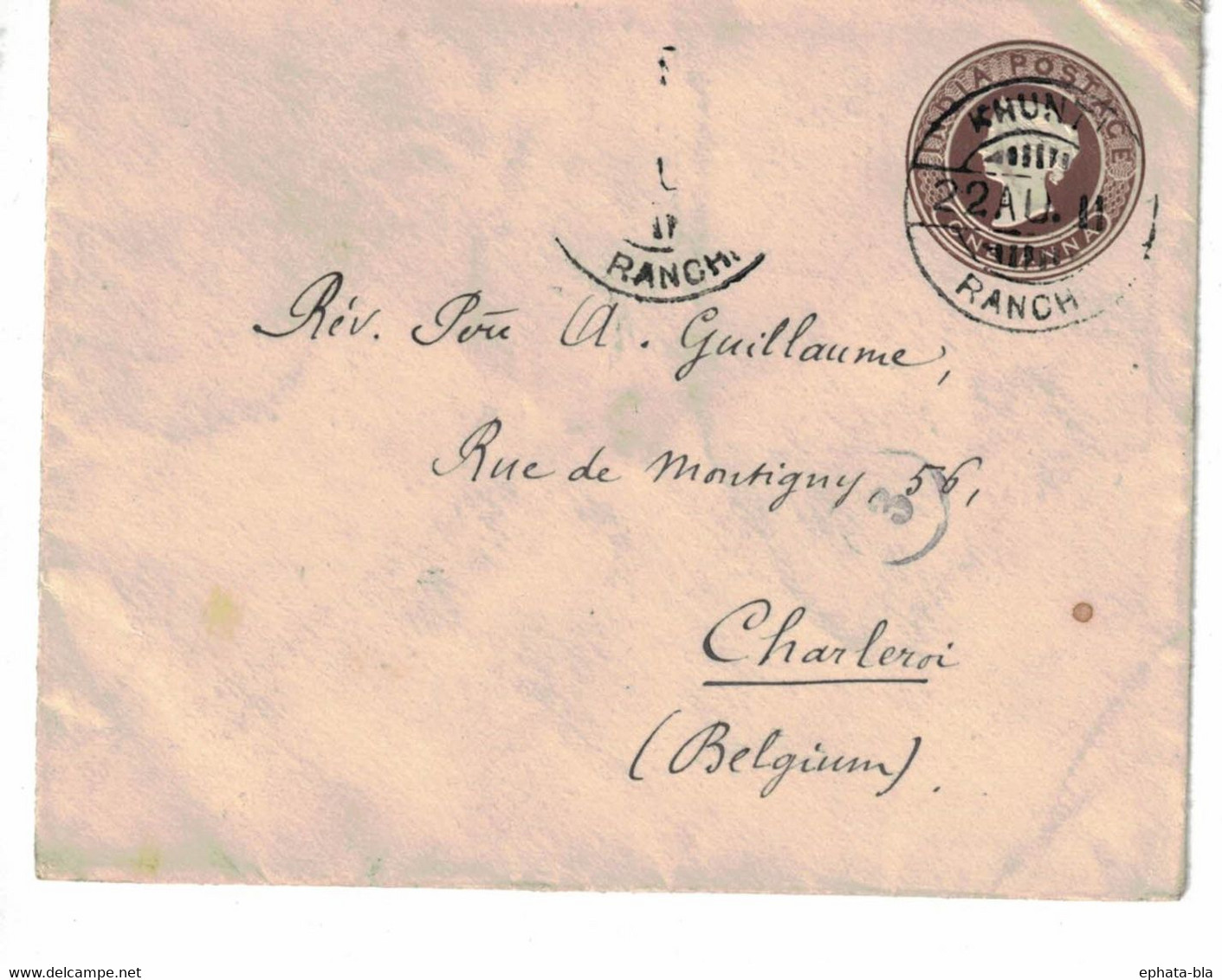 Khunti (Inde) => Charleroi. 1911. Pour Le Père A. Guillaume - Enveloppes