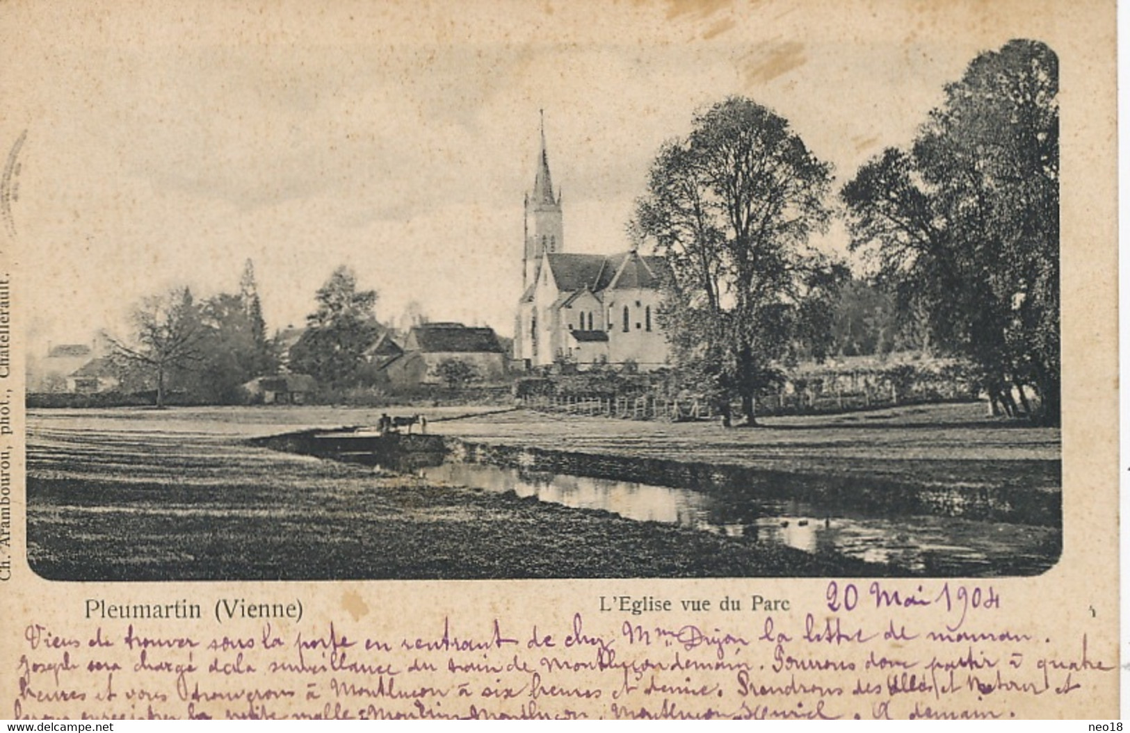 Pleumartin Eglise Vue Du Parc Dir Arambourou Timbrée 1904 Vers Huriel Allier - Pleumartin