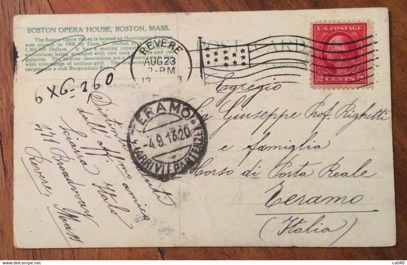 USA - BOSTON OPERA HOUSE , BOSTON - VINTAGE POST CARD CON TRAM FROM REVERE AUG 23 1913 TO TERAMO ITALY - Fall River