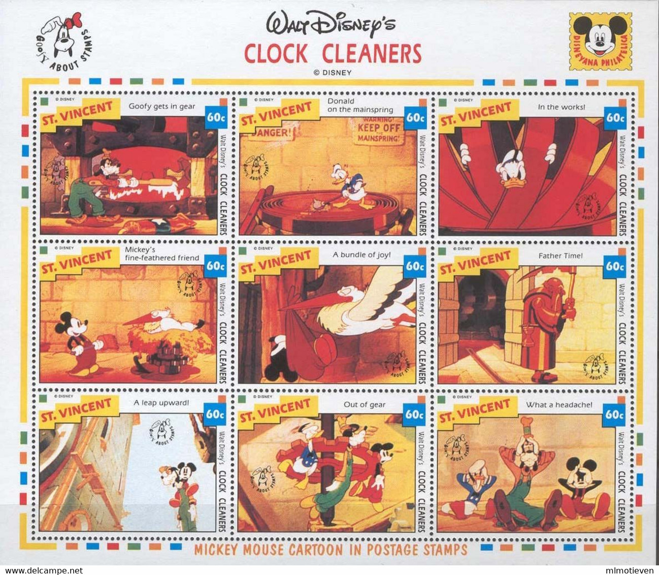 MWD-BK6-372-3 MINT PF/MNH ¤ ST. VINCENT 1992 SHEET ¤ THE CLOCK CLEANERS - FRIENDS OF WALT DISNEY - Disney