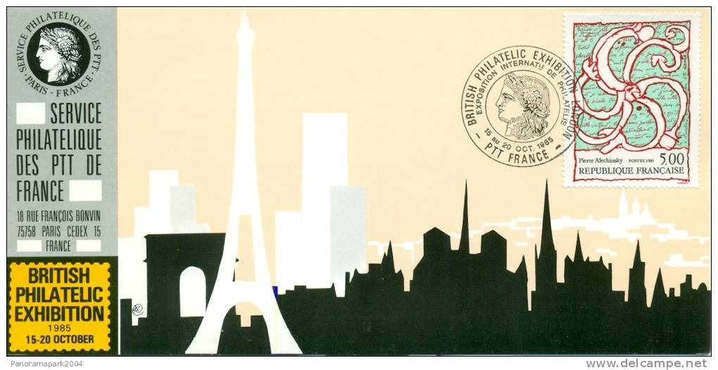 019 Carte Officielle Exposition Internationale Exhibition British Philatelic 1985 France Tour Eiffel Paris Alechinsky - Philatelic Exhibitions