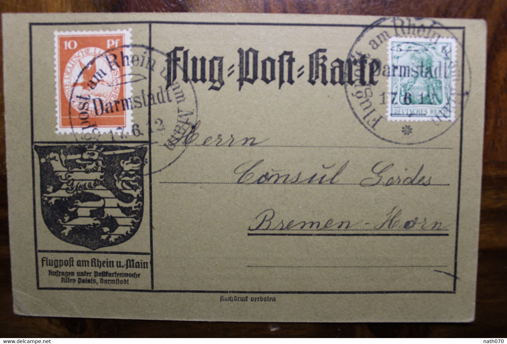 1912 Flug Post Karte Flugpost Am Rhein Und Am Main Darmstadt Air Mail Reich DR Allemagne Consul Bremen - Briefe U. Dokumente