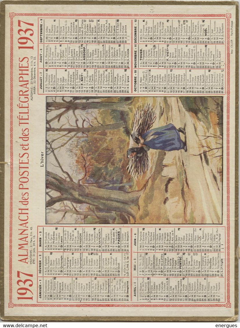 Almanach Des  Postes, 1937 , L'hiver , Département Vosges ,Oller, Epinal,,Neufchâteau, St DiéGrand Format - Grand Format : 1921-40