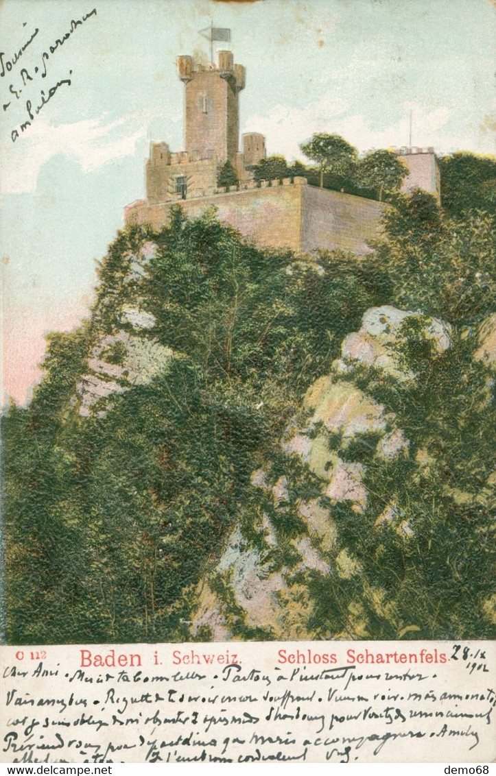 Baden Argovie Suisse Schweiz Belle Litho Gauffrée Embossed Gaufrée Schloss Schartenfels  1902 (traces De Colle Au Verso) - Baden