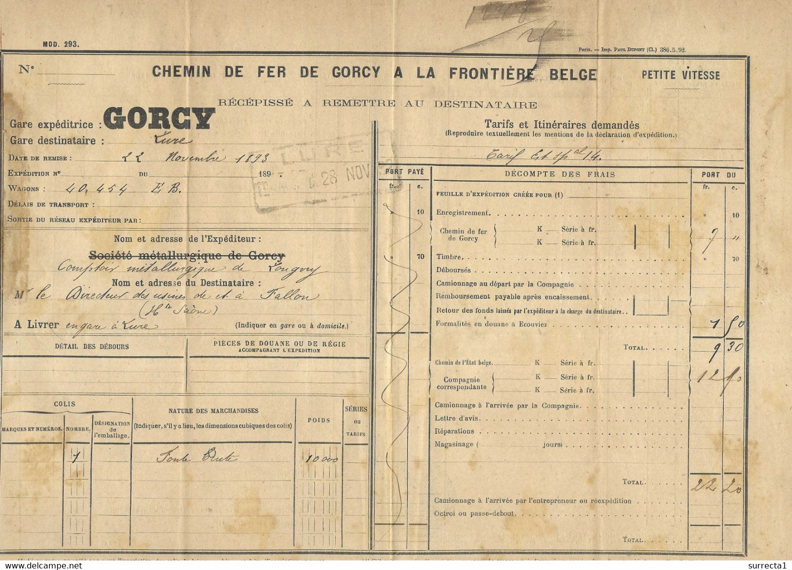 1893 / Chemin Fer Gorcy à Frontière Belge / Exp Sté Métall Gorcy à Fonderies Fallon 70 / Cachet Ecouviez-Frontière Verso - Covers & Documents