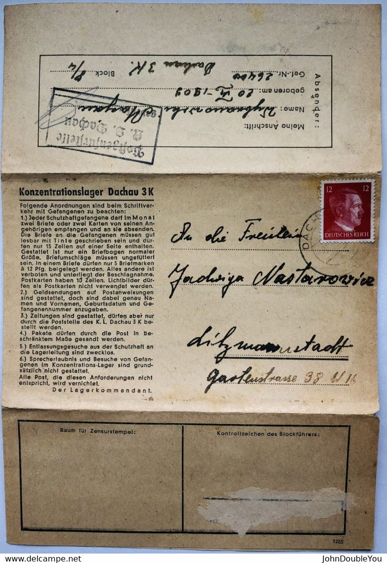 Voorbedrukt Complete Brief / Vorgedruckter Vollständiger Brief  /  Pre-printed Complete Letter  Dachau 1943 - Cartas & Documentos